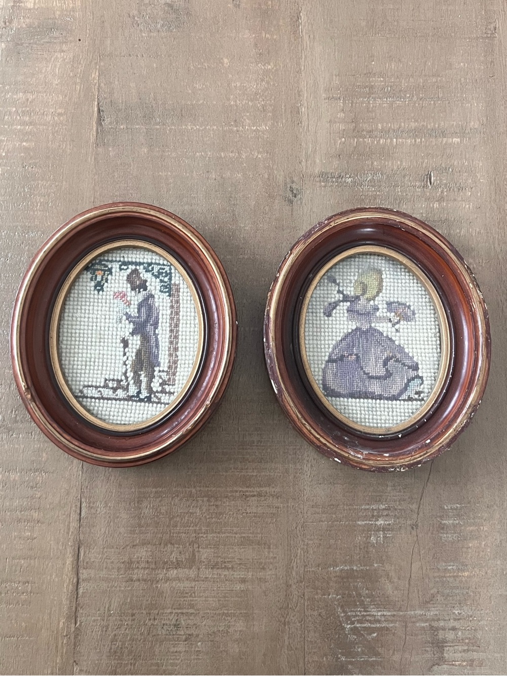 Vintage Oval Framed Needlepoint Cross-Stitch Victorian Couple Mini Pictures
